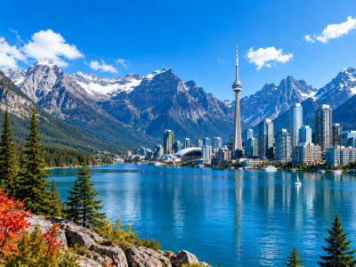 Alpine lake and city skyline view