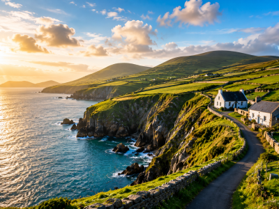 Golden-hour coastal village vista