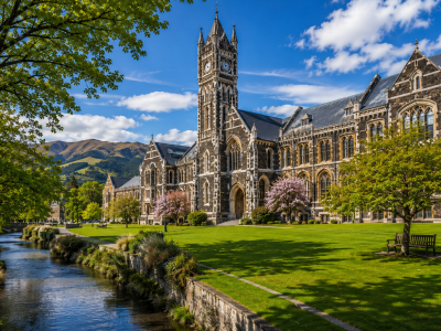 Historic Gothic university campus in spring