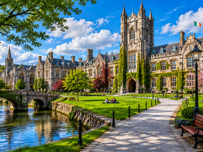 Historic Irish university courtyard in spring
