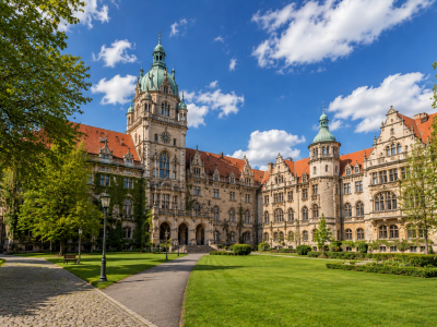 Historic university courtyard in bright sunlight