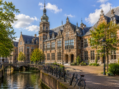 Historic university courtyard with canal