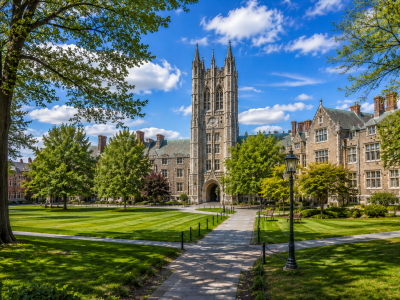 Lush campus quad and Gothic architecture