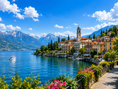 Scenic lakeside village with alpine backdrop