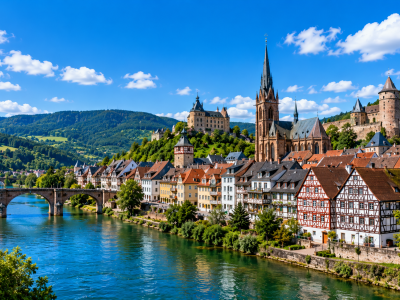 Scenic riverside town with historic architecture