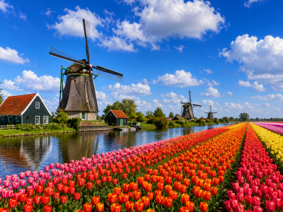 Spring tulip fields and windmills in Holland