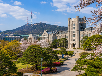 Springtime campus with gothic architecture